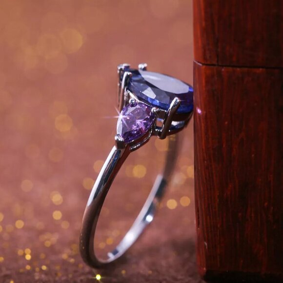 NEW 925 Sterling Silver Diamond Ring Sapphire & Amethyst Pear Cut Teardrop Ring - Picture 3 of 7